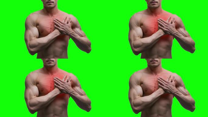心脏病发作，绿色背景上有梗塞的老年肌肉男，色度键4k视频