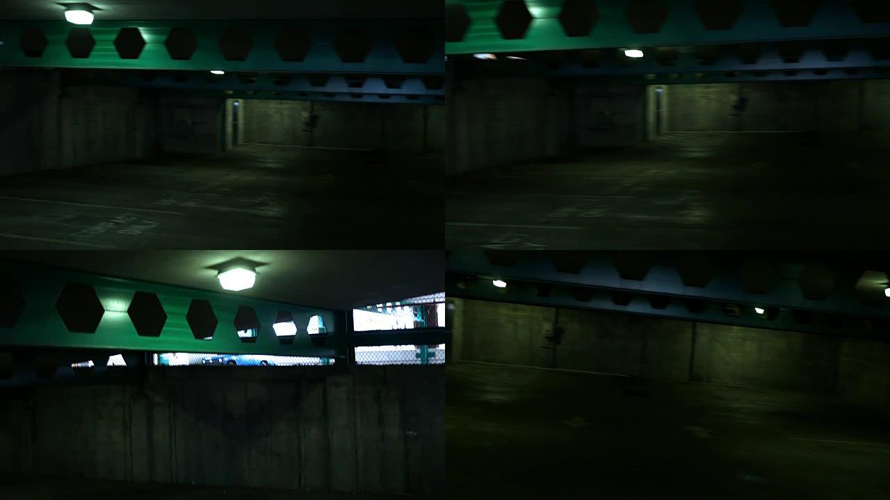 地下室令人毛骨悚然的空黑暗停车场的视点