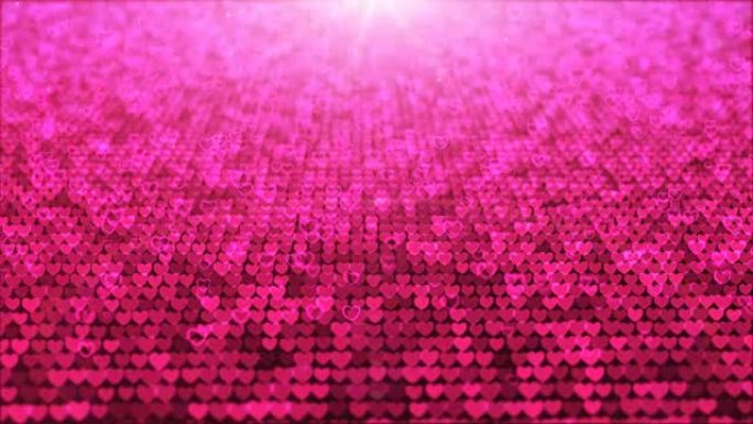 动画，运动抽象背景与心脏白色粉红色，红色移动和闪烁的粒子。波克的背景。