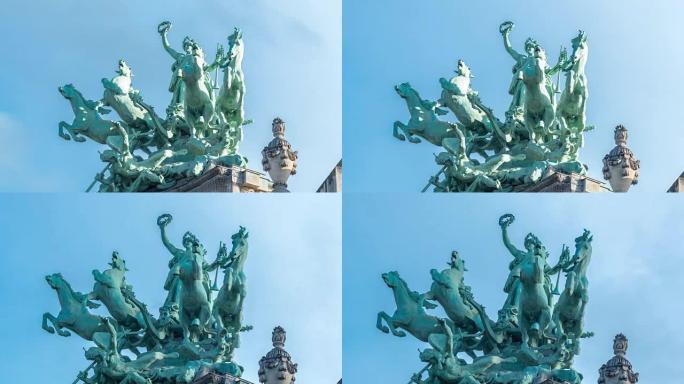 香榭丽舍大街上的大皇宫顶上的雕像。法国巴黎