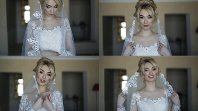 华丽的新娘微笑和轻松的姿势在室内4K相机
