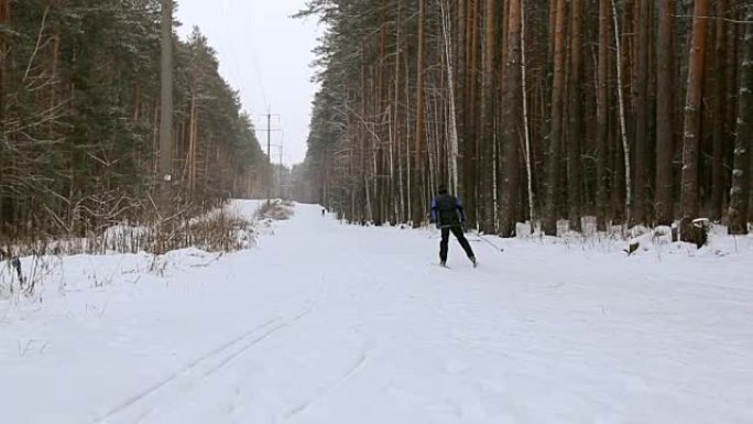 Skier moving along ski-track through the winter pi