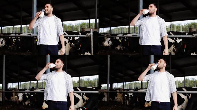 男人或农民在奶牛场喝牛奶