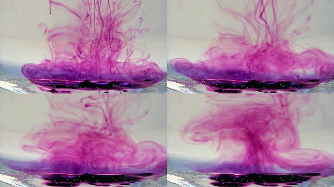 高锰酸钾的紫色晶体溶解在水的漩涡中