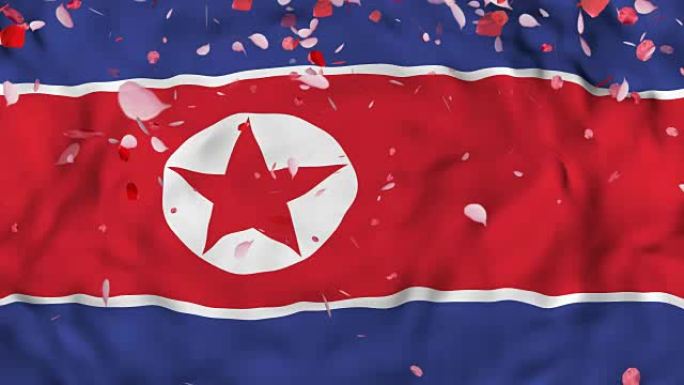 4k逼真的3D详细慢动作朝鲜国旗在风中，挥舞着朝鲜国旗背景，旗帜上落下玫瑰花瓣