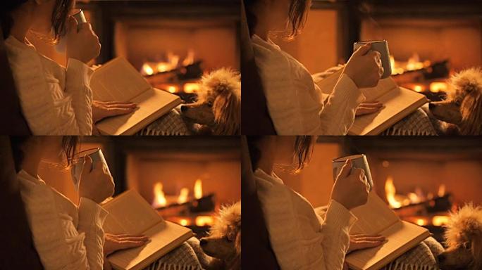 年轻女子带着她的狗坐在壁炉旁看书。