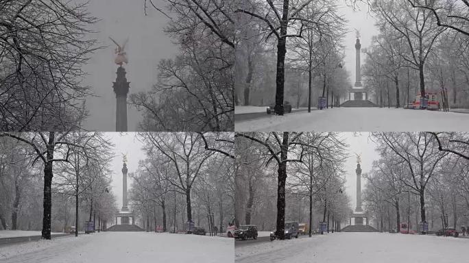 雪景期间，德国慕尼黑弗里登森格尔纪念碑顶部的和平天使