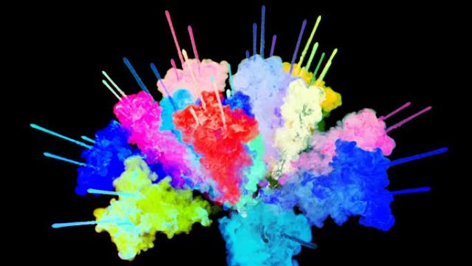 黑色背景上孤立的粉末爆炸。粒子的3d动画作为彩色背景或叠加效果。彩虹色粉的爆发，如holi fest