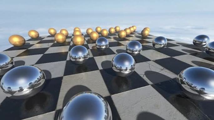 棋盘上的动画超现实透明球体。3D渲染