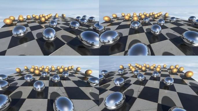 棋盘上的动画超现实透明球体。3D渲染