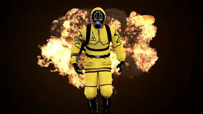 一名穿着防护服的男子在烟雾和爆炸的背景下行走。可循环背景