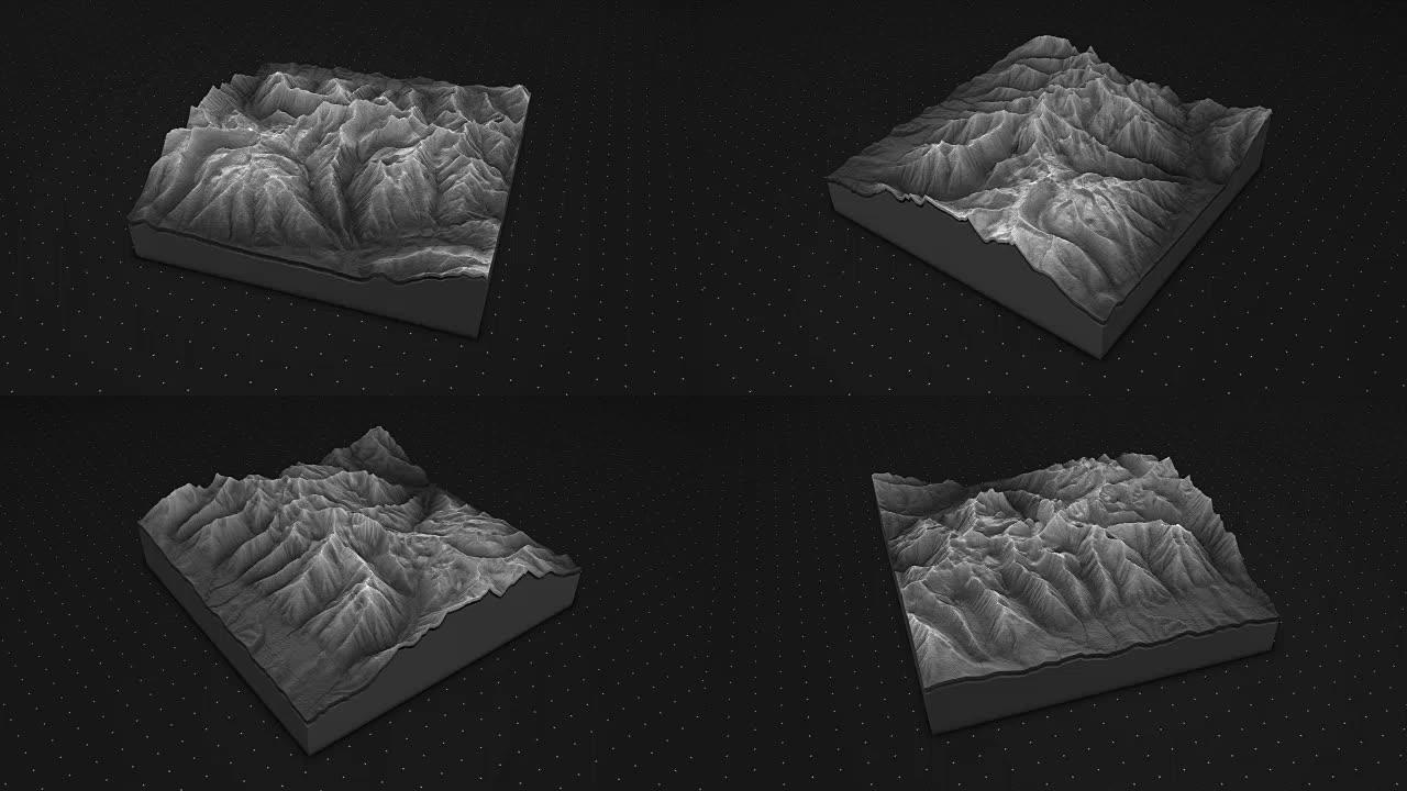 土壤切片的3d渲染，山脉孤立在黑暗背景上。