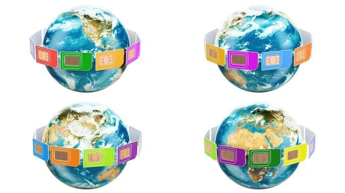全球移动通信，绕地球旋转的sim卡，3D渲染