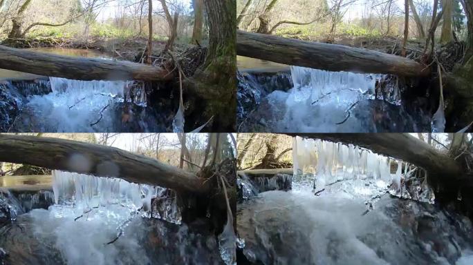 巴伐利亚自然公园Spessart的冰铃、冰雕、冰溪、冷冻水、万向节、小溪，4K