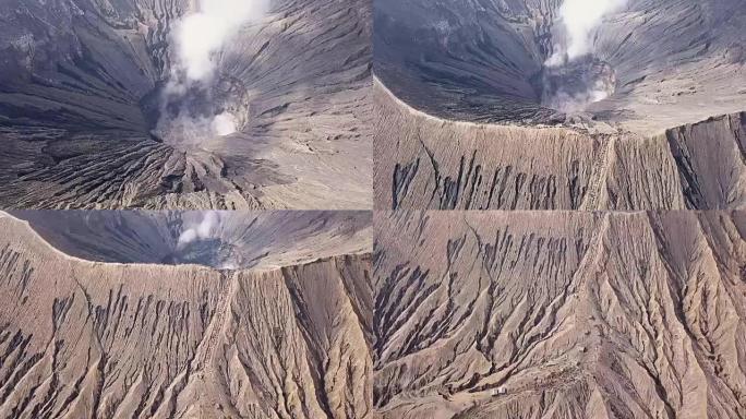 火山口上的活火山和游客。鸟瞰图