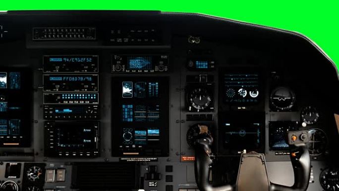 具有绿色屏幕上的完整操作仪表板的未来派飞行员座舱座椅