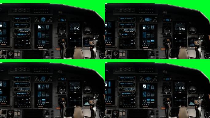 具有绿色屏幕上的完整操作仪表板的未来派飞行员座舱座椅