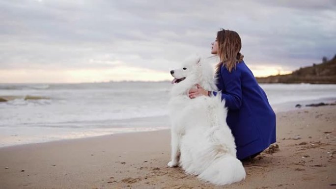 一个年轻女子坐在沙滩上，在海边拥抱她的萨摩耶犬。白色蓬松的宠物在海滩上看着大海。真正的友谊。慢动作镜