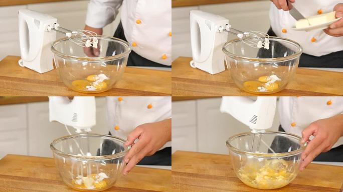 用搅拌器在玻璃碗中混合鸡蛋，黄油和糖