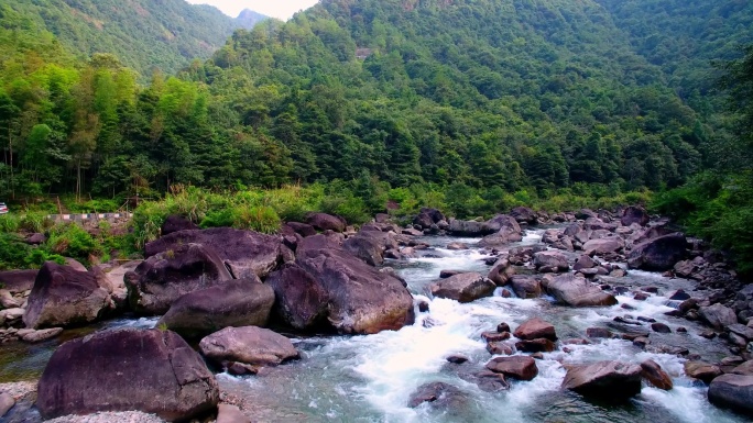 航拍武夷山峡谷森林中的清澈溪流及岩石