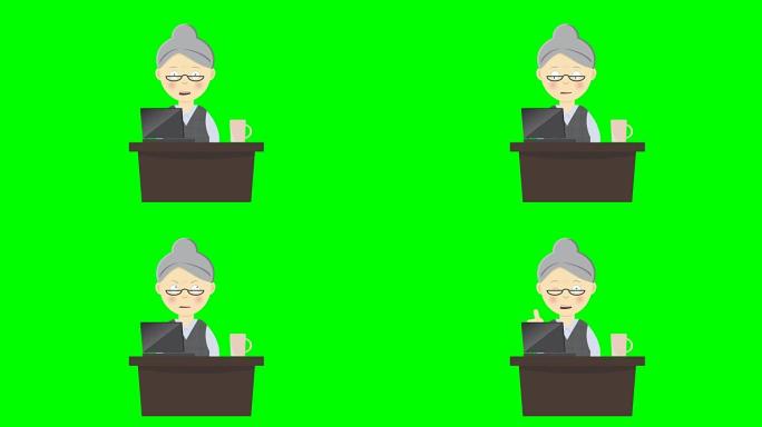 奶奶 (老太太) 在她的笔记本电脑上工作的动画，动画卡通人物，循环能力，色度键绿色屏幕背景。