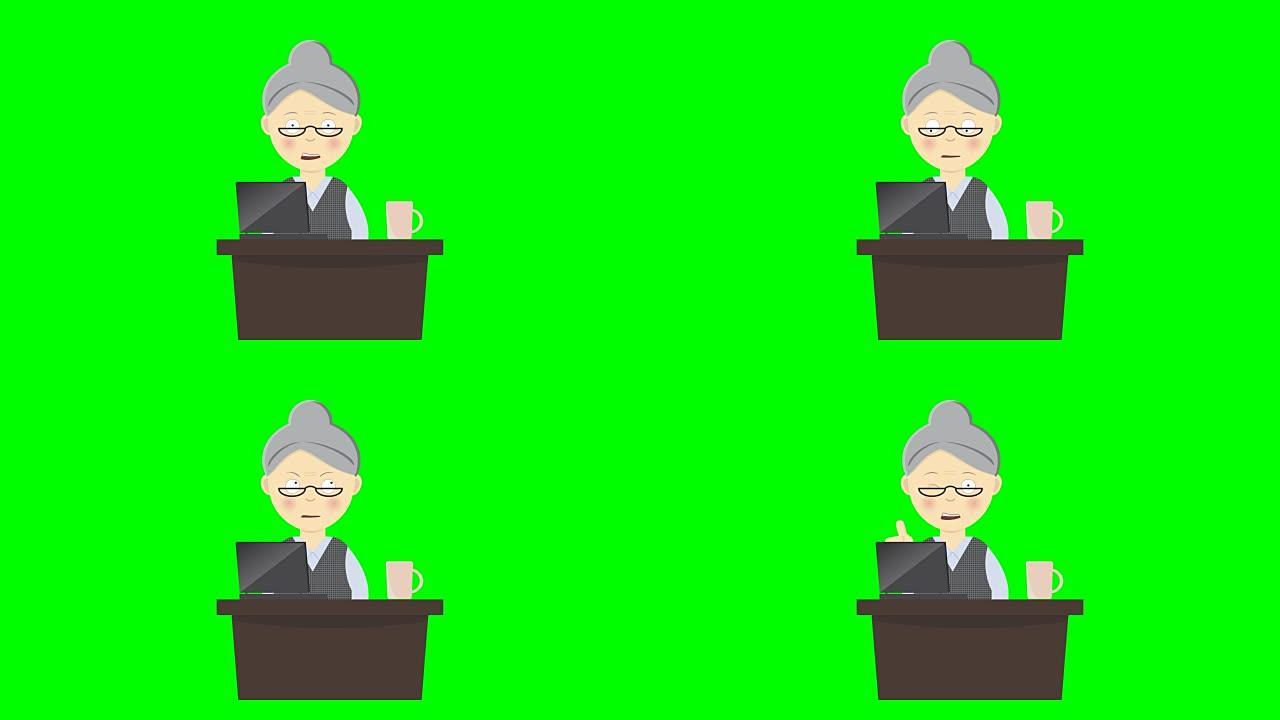 奶奶 (老太太) 在她的笔记本电脑上工作的动画，动画卡通人物，循环能力，色度键绿色屏幕背景。