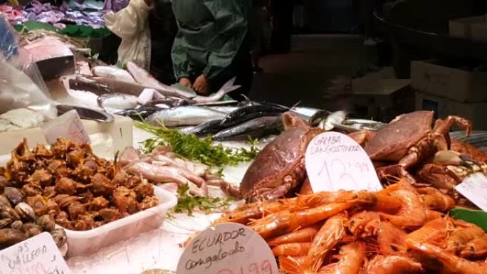 海鲜蟹龙虾鱿鱼虾小龙虾牡蛎贻贝贝壳西班牙博克里亚鱼市场