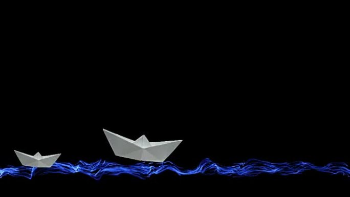 三艘白色折纸船在屏幕底部的黑色背景上在彩绘的海面和波浪上动画航行，上面有你题词的复制空间。领导理念。