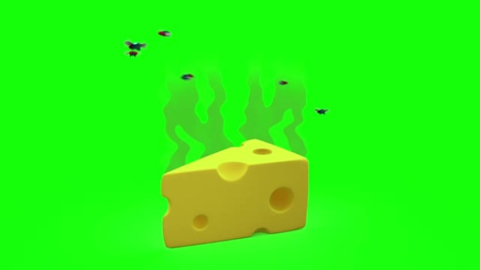带苍蝇的臭奶酪。卡通风格的3D动画，绿屏，可循环。