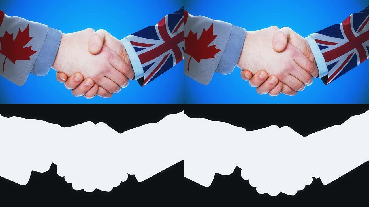 加拿大-英国/握手概念动画关于国家和政治/与matte频道