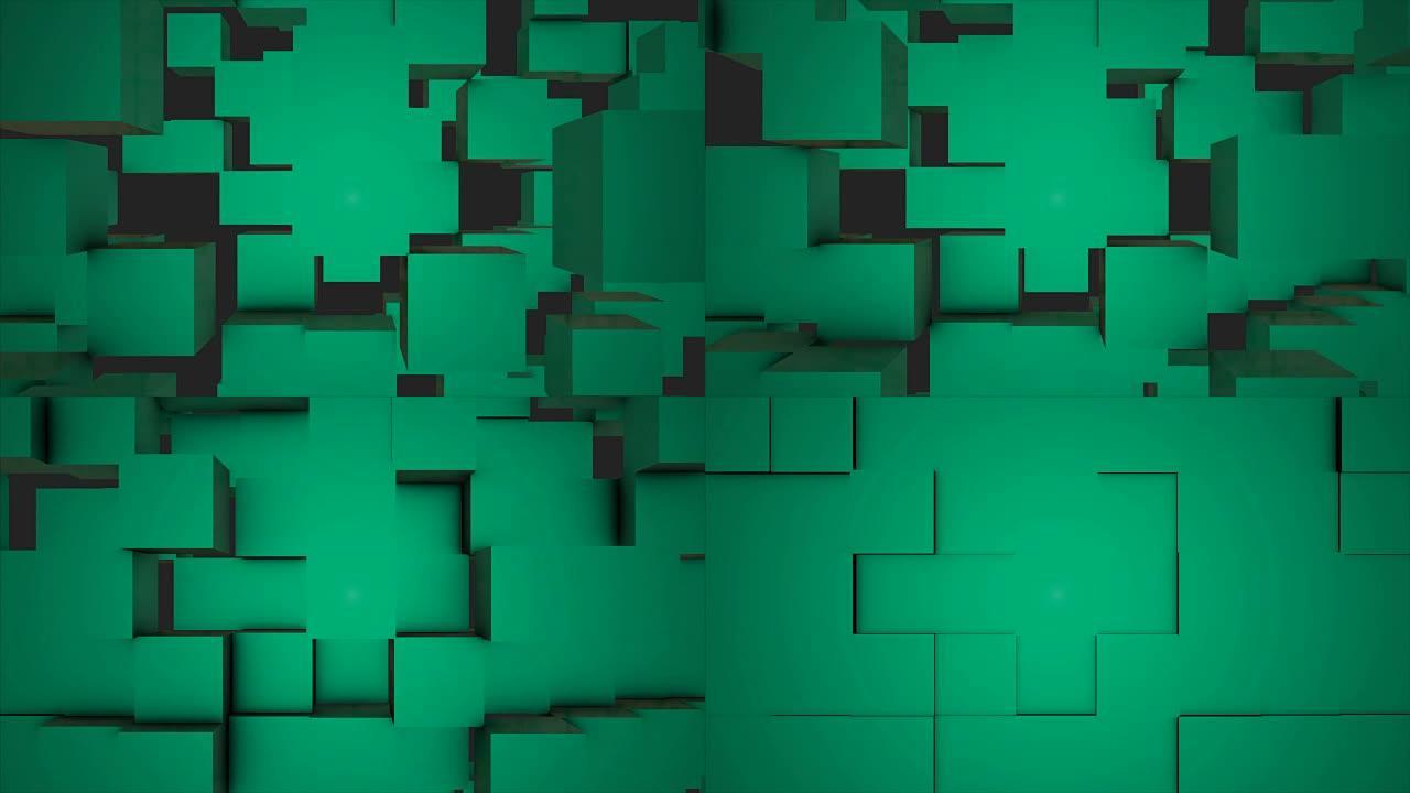 抽象立方体背景随机运动，3d可循环动画。抽象彩盒背景。无缝循环抽象立方体背景。绿松石立方体