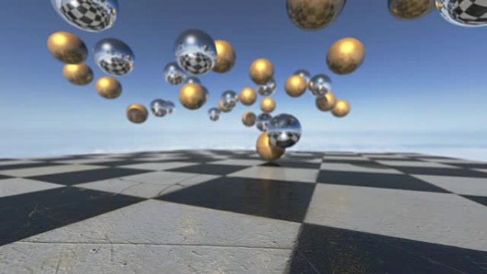 动画超现实的视像球体落在棋盘上。3D渲染。