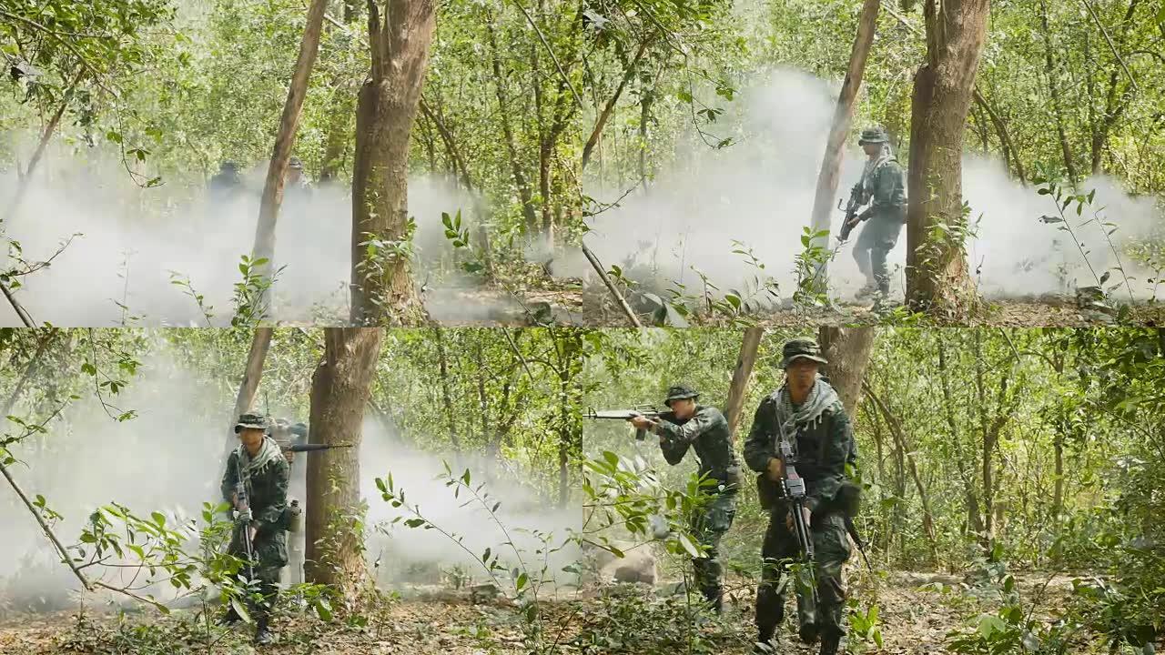 军队士兵在森林里用枪进行军事行动，战争概念
