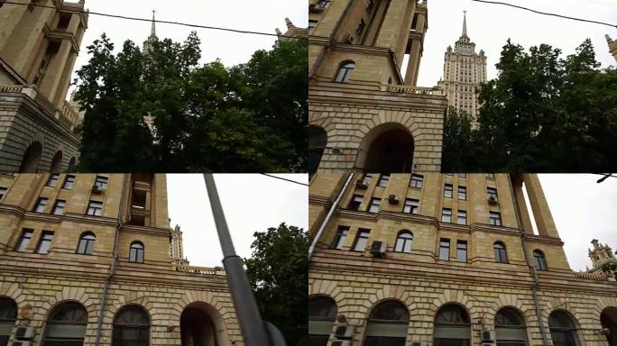 在俄罗斯莫斯科建立苏联斯大林风格摩天大楼的低角度无人机拍摄