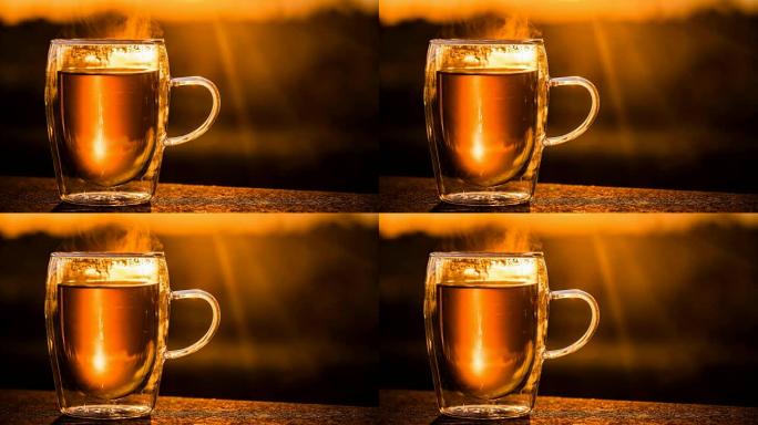 Cinemagraph of hot tea in glass at morning light