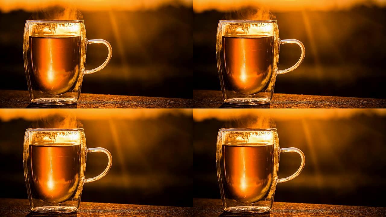 Cinemagraph of hot tea in glass at morning light