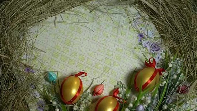 礼品纸、彩绘鸡蛋和雪花莲