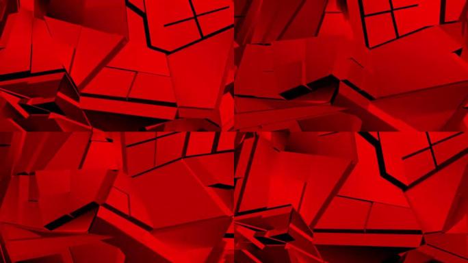 红色抽象多边形破碎形状波动无缝循环。3D动画。
