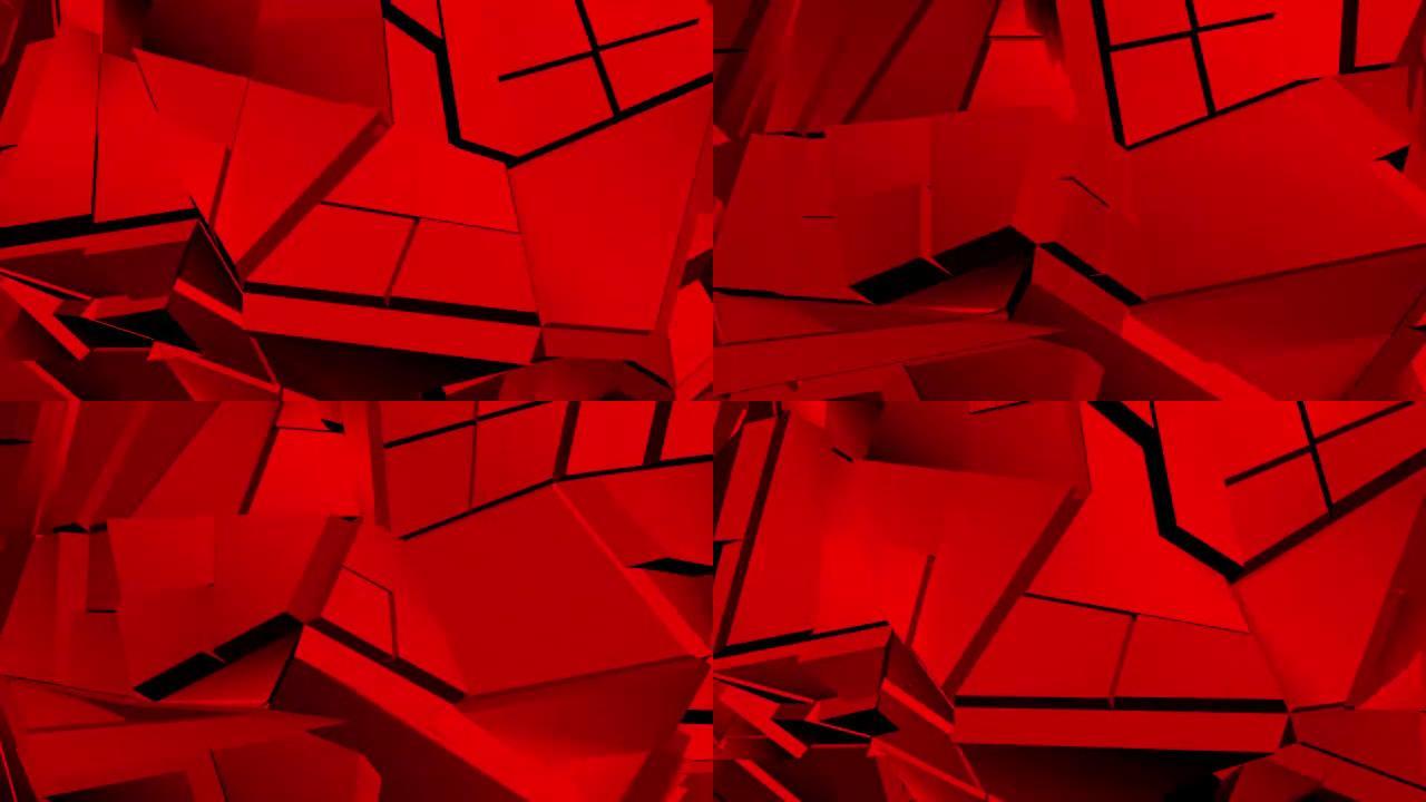 红色抽象多边形破碎形状波动无缝循环。3D动画。
