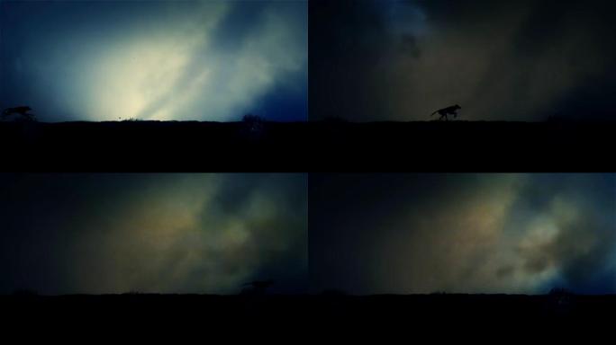 狼在闪电风暴中奔跑