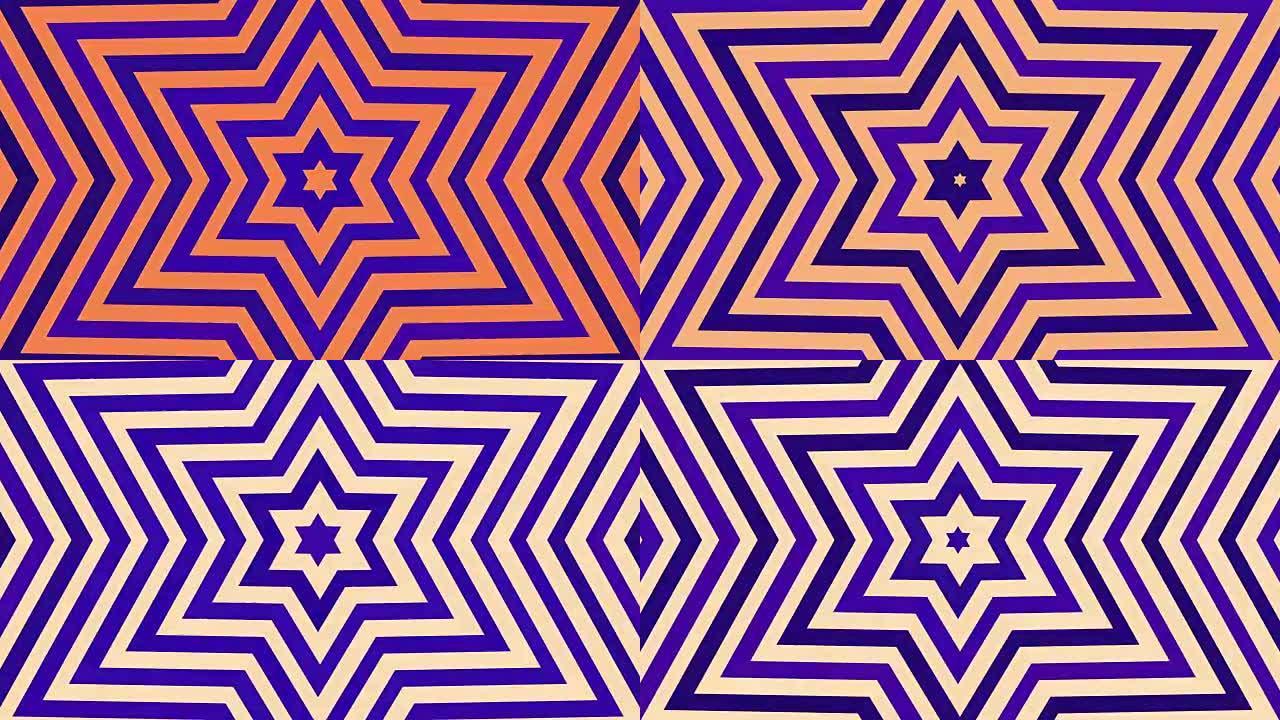 六角星紫色白金的无限诞生。卦大卫之星隧道。无缝循环动画。迪斯科俱乐部闪烁。