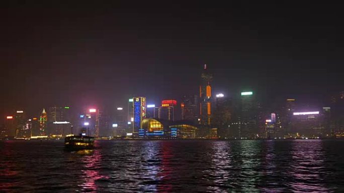 中国之夜照明香港城市著名海湾渡轮全景4k