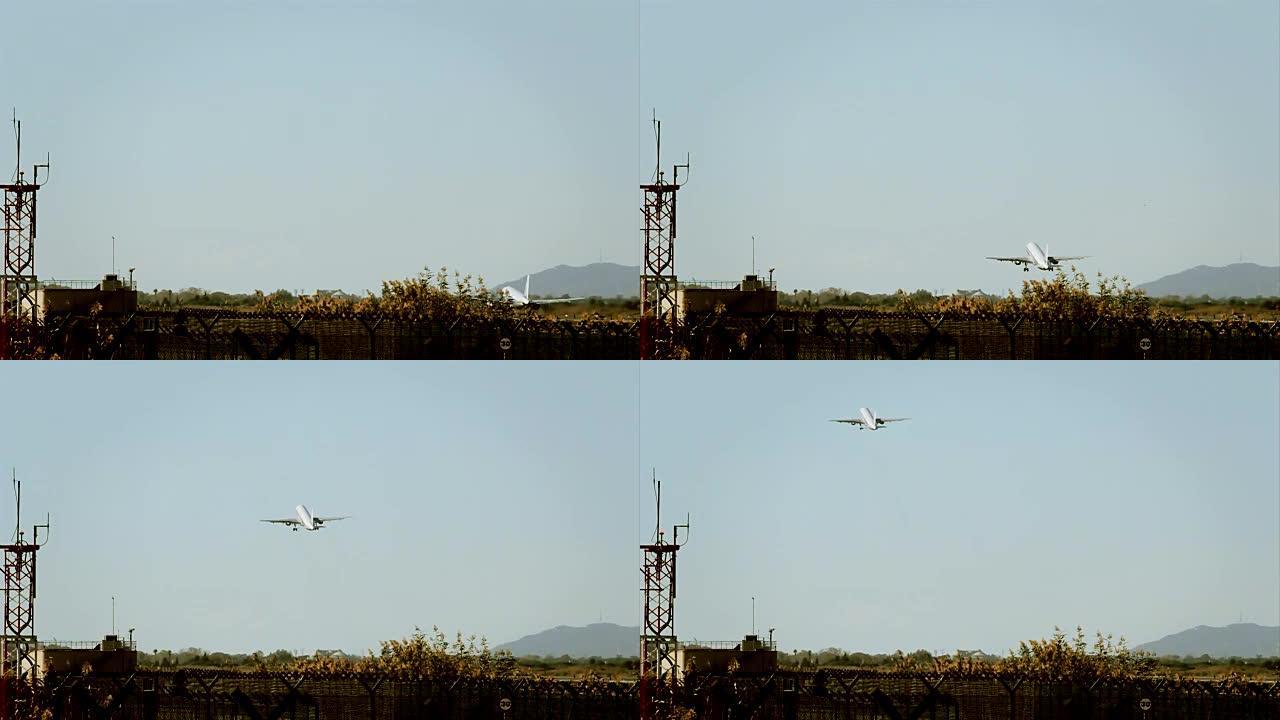飞机起飞。巴雷科洛纳国际机场。在巴塞罗那机场起飞的飞机。从LLobregat广场观看。晴朗的天空