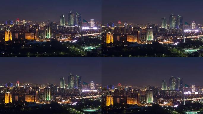 哈萨克斯坦阿斯塔纳的bayterek Timelapse城市中心和中央商务区的高架夜景