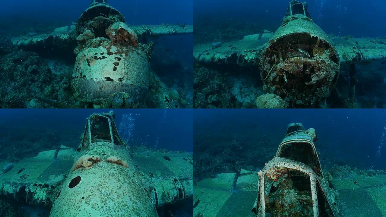 海底第二次世界大战水上飞机残骸的鸟瞰图