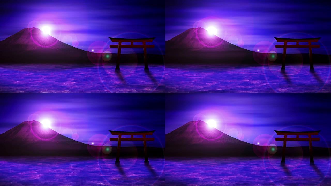 日本的红鸟居门，湖上的富士山，循环动画，