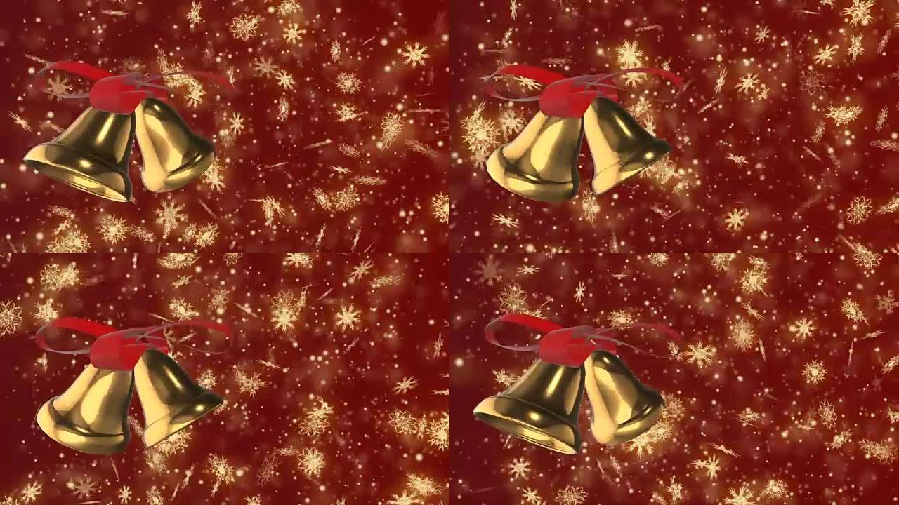 圣诞节和新年无缝循环动画。暗红色背景上的圣诞金色雪花和铃铛。冬季仙境魔法雪花。