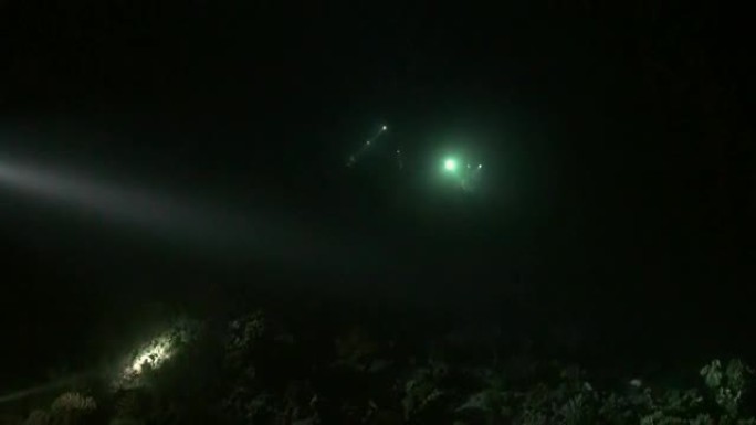 水下水下夜间底部背景上有手电筒的潜水员。