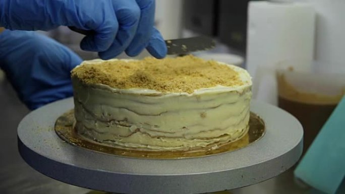 用磨碎的面包覆盖拿破仑蛋糕，然后用糖果刀将其均匀地撒在上面。在蛋糕上撒上scrumbs。美味蛋糕的传