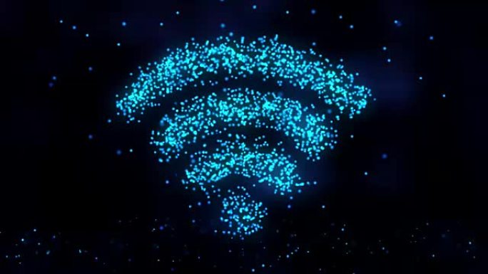 飞行闪烁粒子的动画在黑暗背景上形成wifi标志或互联网符号，并带有来自点的地球地图。艺术网络背景上的